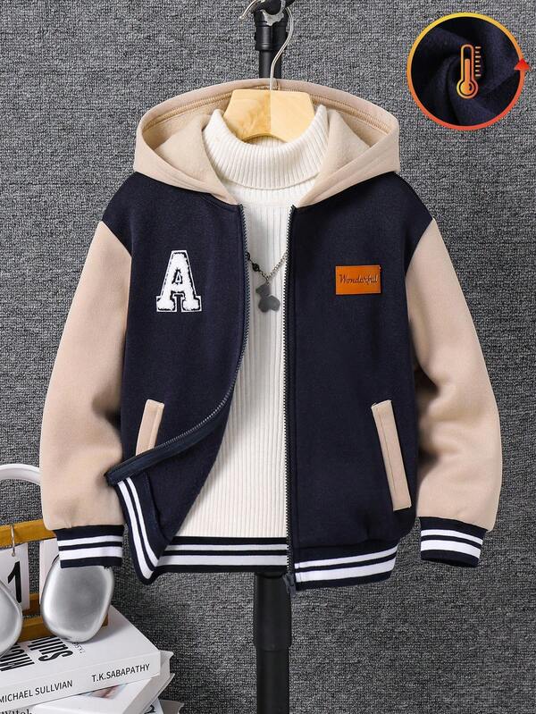 SHEIN Toddler Boys Casual Patchwork Color Block Thick Hooded Jacket, Suitable For School, Garden, Birthday, Fall, Winter Season, Halloween, Vintage
