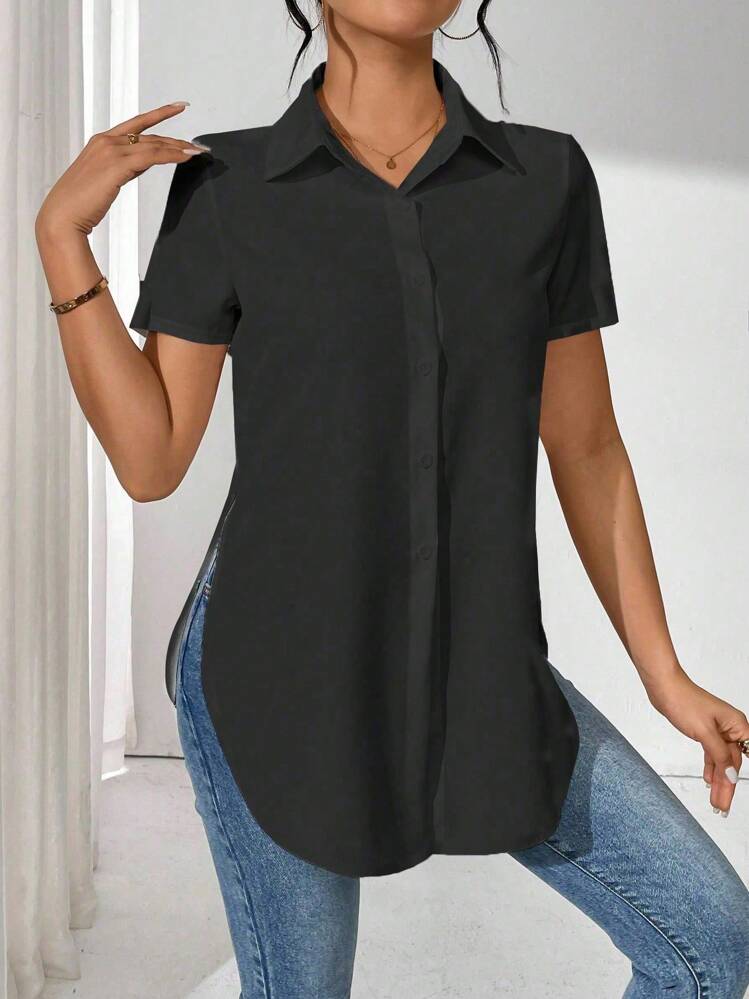 SHEIN LUNE Solid Color Short Sleeve Shirt With Curved Hem For Summer,Short Sleeve Tops - Black - View 4