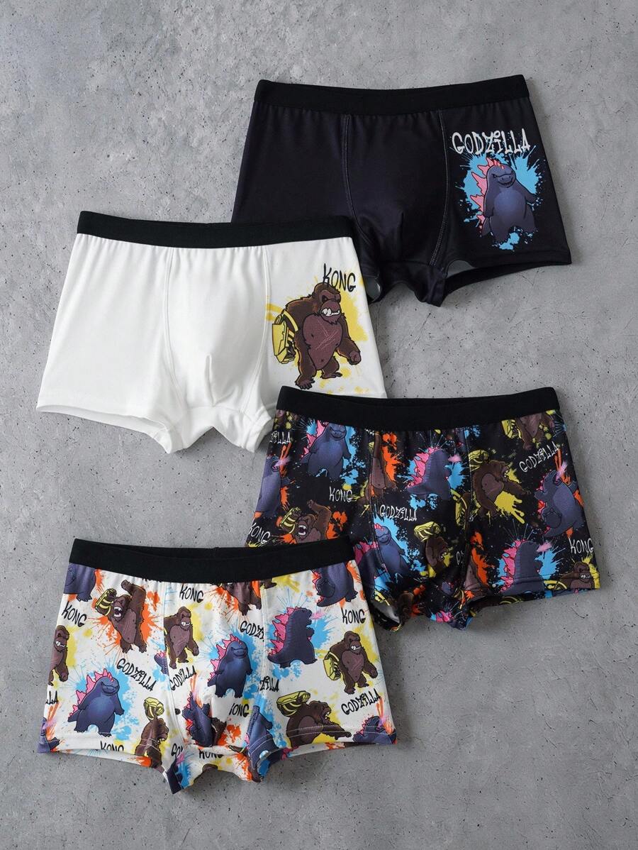 GODZILLAxKONG X SHEIN 4pcs Tween Boy Black & White Cartoon Letter Print Comfortable Trunks,Basic Comfortable Casual ,Soft,Cute - Black - View 1