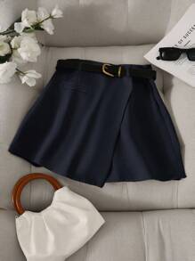 Franclia Casual Commuter Fashion Asymmetric Hem Skirt Pants, Women's Multi-Functional Single Piece Shorts, Waist Belt-Free Matching Single Piece Skirt Pants - Navy Blue - View 4