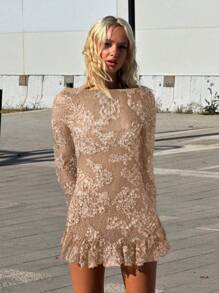 SHEIN ICON Damen neue elegantes rückenfreies Spitze-Patchwork Minikleid, cremefarbener Einfarbig