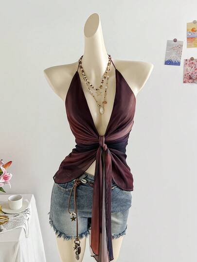 Soleia 女士浪漫假期性感复古渐变色褶皱系带 V 领露背吊带背心，适合节日约会、下午茶、海滩、游轮、公路旅行、婚礼季、音乐节、波西米亚风度假