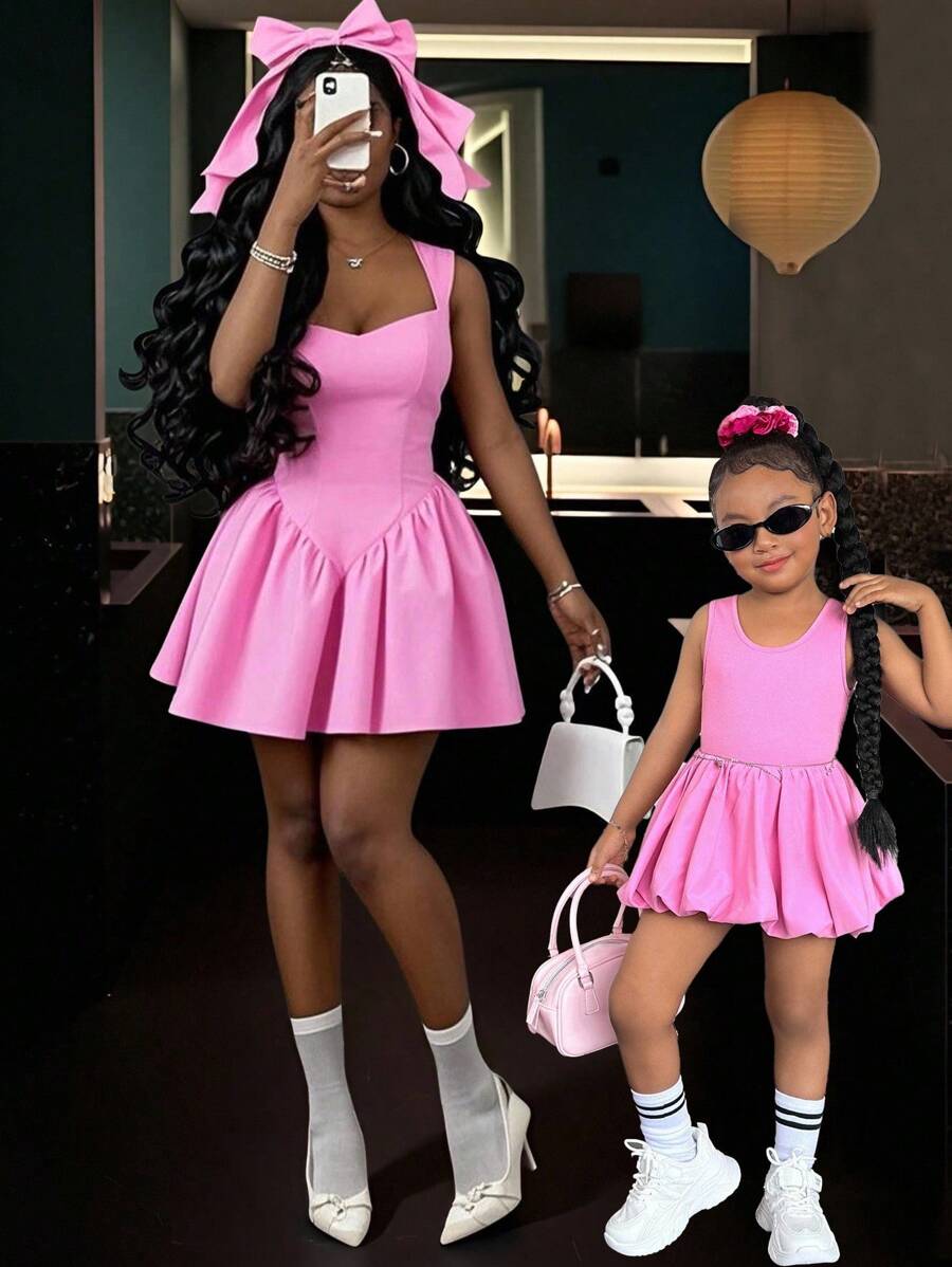 SHEIN 2 chiếc váy không tay dệt kim màu hồng dễ thương mùa hè cho bé gái, trang phục phù hợp cho mẹ và bé (2 bộ được bán riêng) - Màu Hồng Tươi - Xem 1