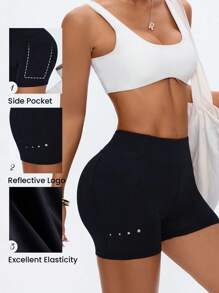 SHEIN Sports 夏季运动户外跑步健身运动短裤 - 黑色 - 查看 6