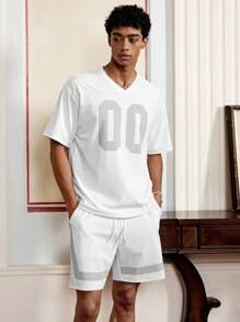 SWAVVY Conjunto holgado de camiseta de manga corta con cuello en V y estampado numérico, y pantalones cortos sueltos, para hombre, casual y deportivo para uso diario en verano - Blanco - Ver 3