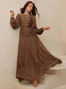 Anewsta 女士长裙，圆领，腰部褶饰，泡泡袖，长袖，橄榄绿，光泽，优雅百搭的连衣裙 - 咖啡棕 - 查看 6
