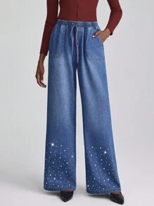 SHEIN Essnce Women's Rhinestone Star Drawstring Waist Pocketed Casual Jeans - Dark Wash - View 7