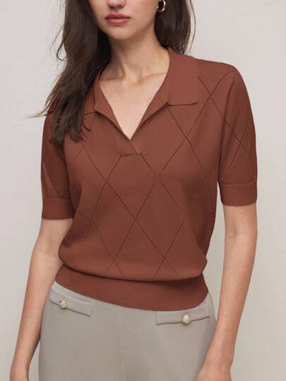 BizChic 2025秋冬新款咖啡棕色Polo领钻石纹针织女毛衣，优雅都市商务休闲办公装，适合约会、派对、郊游、机场、浪漫乡村音乐会、复古韩式、机场、婚礼嘉宾、生日、万圣节、圣诞节