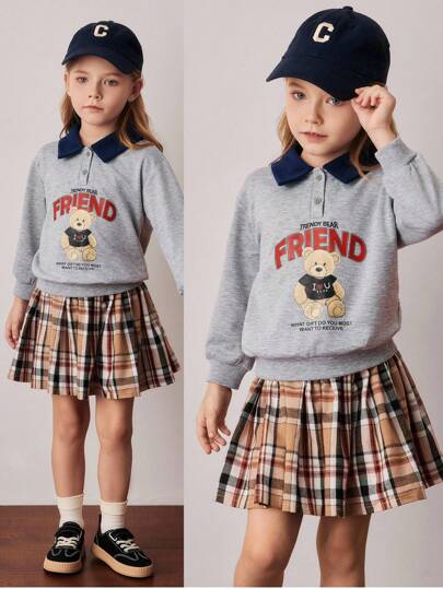  PrepCrw 女童学院风小熊字母印花撞色领卫衣，秋季格子小熊卫衣，校服上衣，适合返校季开学第一天穿着。