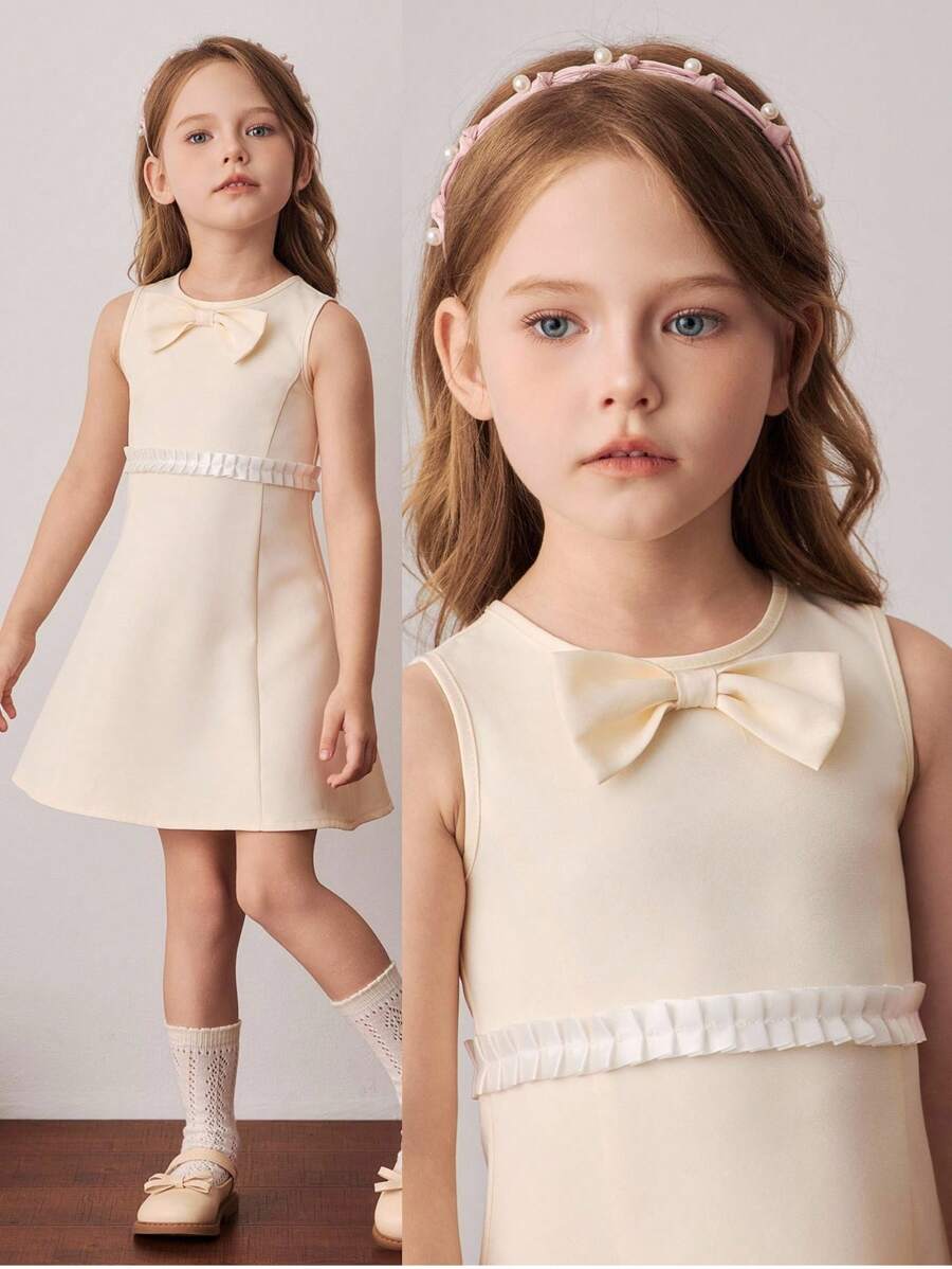 PrepCrw Young Girl Bow Decor Round Neck Elegant Sleeveless Beige Dress,Summer Traditional Wedding Special Occasion School Uniform Teen Outfits - Multicolor - View 1