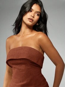 MISSGUIDED Linen Bandeau Strapless Evening Club Party Ruched Design Dinner Formal Occasion Summer Resort Wear Fashion Top - Coffee Brown - View 3