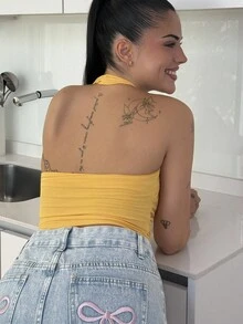 Lucia Bellido Camiseta de tirantes de cuello halter de unicolor para mujer, de verano - Amarillo - Ver 2