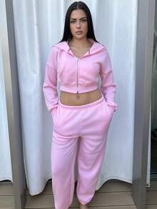 Lucia Bellido Women's Casual Solid Drop Shoulder Loose Zip-Up Cropped Hoodie And Jogger Sweatpants Set - Pink - View 4
