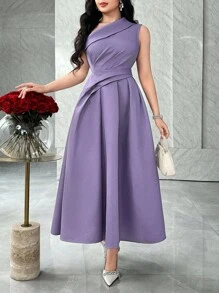 Feyla Váy dự tiệc chữ A nhún bèo vai, eo lệch, thanh lịch, thích hợp cho các buổi tụ tập xã hội - Màu tím - Xem 1