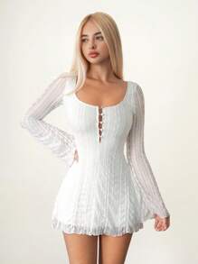 Sweetina 休闲提花面料方领长袖迷你连衣裙 - 白色 - 查看 3