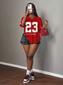 Slaydiva Plus Size Minimalist Number Print V-Neck T-Shirt, Casual Sporty Style, Suitable For Summer - Red - View 4