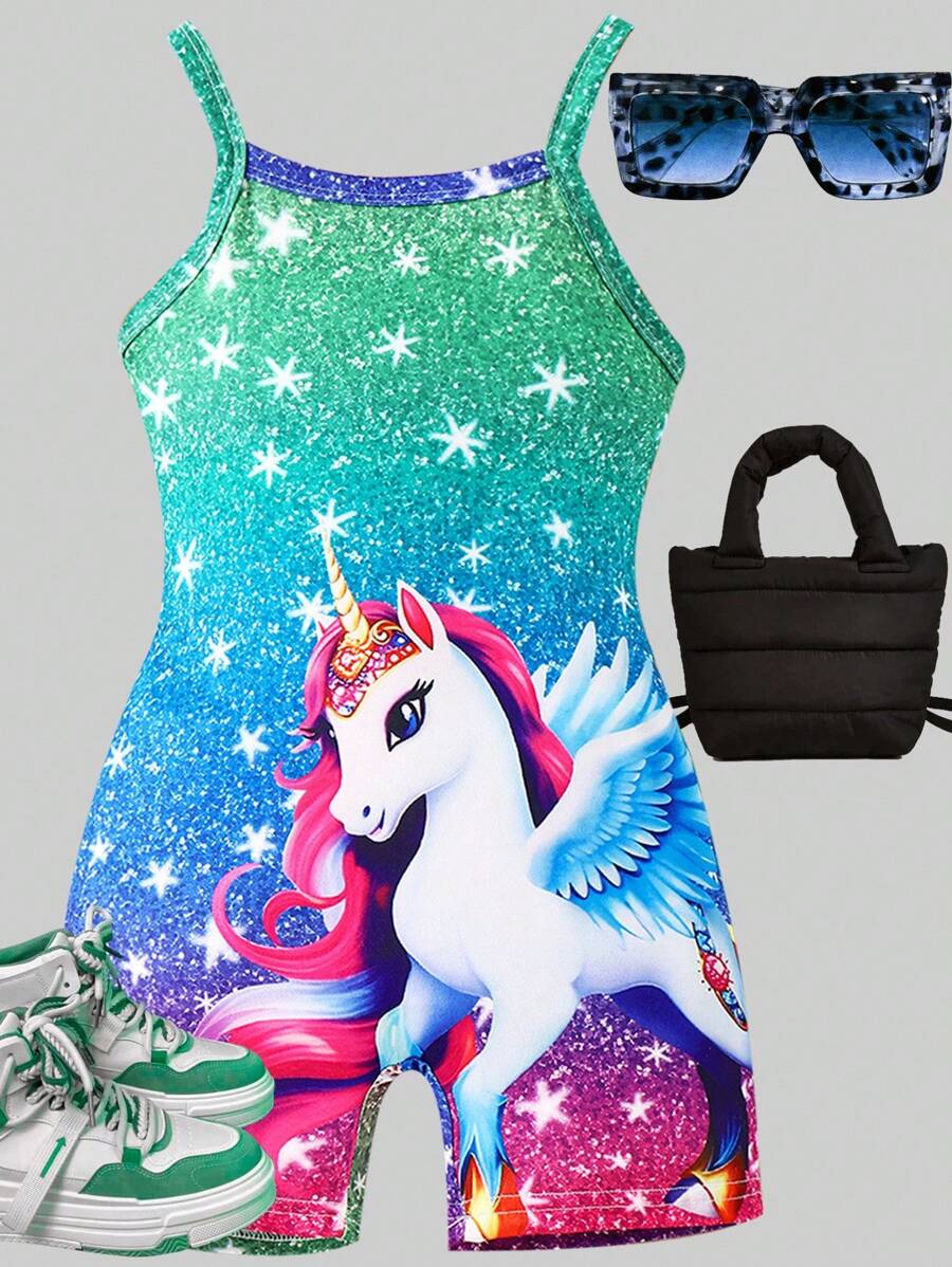 SHEIN Young Girl Toddler Girls' Simple & Cute Cartoon Animal Horse & Star Design Casual Romper - Multicolor - View 1
