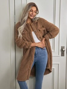 EMERY ROSE Áo khoác nữ Túi Nút phía trước màu trơn Giải trí - Lạc đà - Xem 3