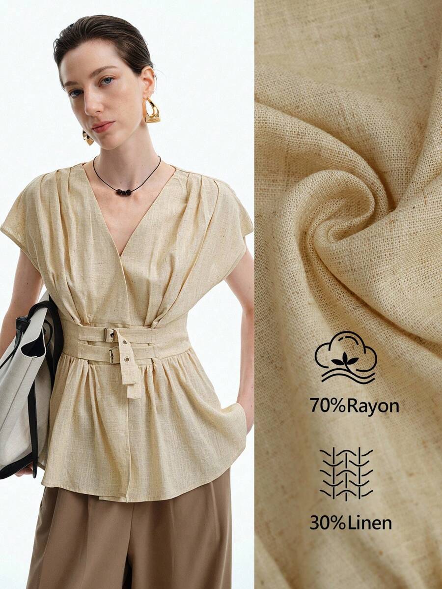 Aalyst 女士优雅时尚通勤休闲舒适迷人复古简约高端无袖 V 领开衫配腰带腰部 A 字下摆亚麻纯色衬衫 - 杏色 - 查看 1