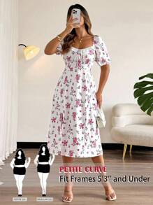 SHEIN PETITE Plus Size Women's Summer Floral Print Puff Sleeve Elegant Dress, Vacation Style
