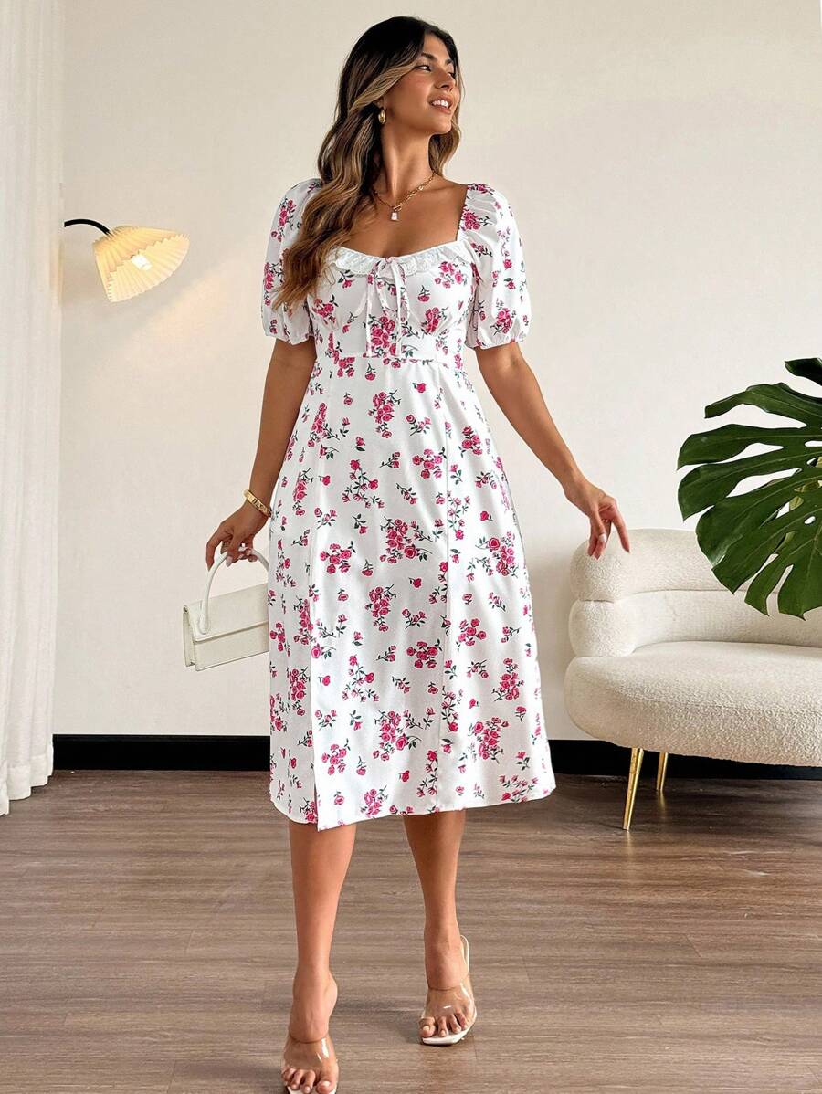 SHEIN PETITE Plus Size Women's Summer Floral Print Puff Sleeve Elegant Dress, Vacation Style