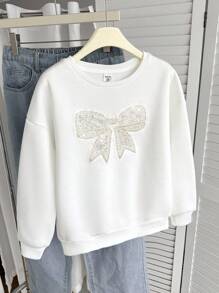SHEIN Tween Girl Loose Casual Minimalist Comfortable Round Neck Long Sleeve Bow Decor Sweatshirt,In Fall/Winter - White - View 4