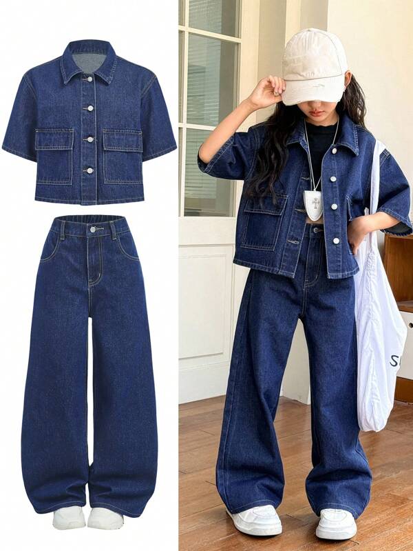 SHEIN Ensemble deux pièces casual Y2k vintage pour préados, composé d'une chemise en jean bleu foncé ample avec design de poche et d'un jean ample et confortable avec taille semi-élastique. Vêtements pour préados, costume de fille, tenues quotidiennes, tenues d'été et d'automne pour préados, tenues de rave, de festival et de plage, vêtements de rue, vêtements d'école
