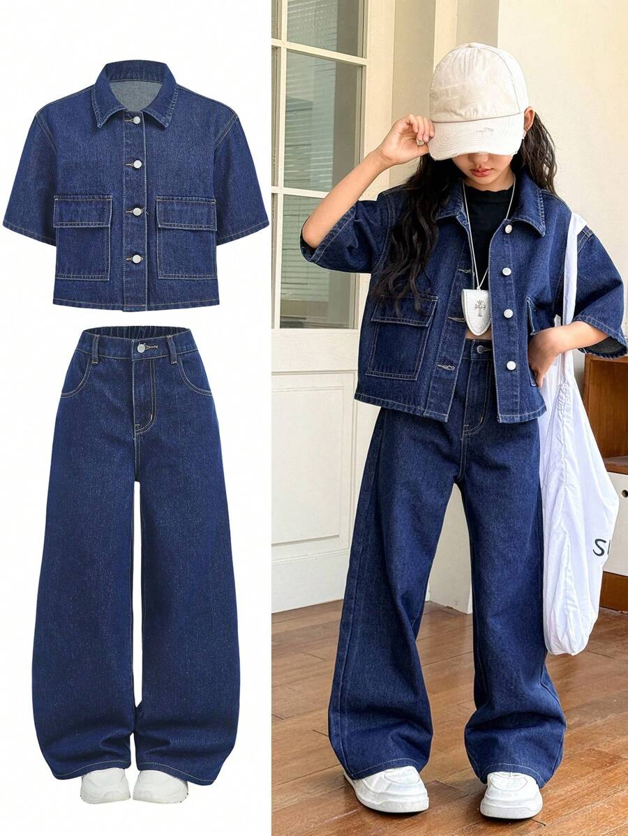 SHEIN Tween Girls Fashion Casual Y2k Vintage Cool Two Pieces Set Of Dark Blue Denim Loose Shirt With Pocket Design And Semi-Elastic Waistband Loose And Comfortable Jeans For Tween Girl Clothes Girls Soft Dailywear And Tween Girl Summer And Fall Rave Outfits Festival And Beach Outfits Streetwear School Clothes Girls Denim Set Jean 2 Piece Set