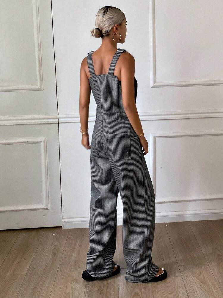Women's Striped Loose Casual Denim Bib Pants