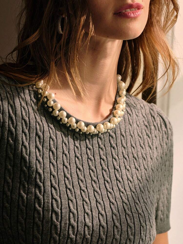 FAUX PEARL TRIM SLIM FIT KNIT TOP