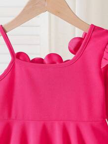 Young Girls Fuchsia Dress With 3D Beaded Floral Decor, Waist Cinched A-Line Long Sleeve Dress, Suitable For Birthday Party, Spring/Autumn