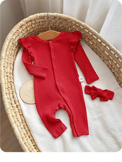 SHEIN 新品 纯色前扣荷叶边长袖连体裤 配蝴蝶结头带