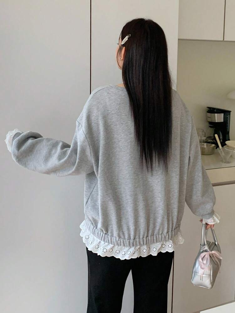 Dazy Plus Crew Neck Solid Color Long Sleeve Lace Patchwork Casual Pullover Sweatshirt For Plus Size Women, Autumn