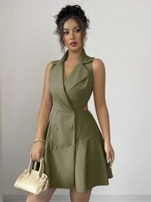 Elenzga Váy ngắn không tay hai hàng khuy trơn màu đơn giản dành cho nữ mùa hè - xanh quân đội - Xem 3