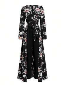SHEIN Clasi 女式长袖花卉印花斜襟V领连体裤 - 黑色 - 查看 3