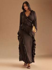 SHEIN BAE 大码长袖连衣裙，浪漫甜美荷叶边秋季连衣裙，适合约会、旅行、秋季内衣、蝴蝶结、女士夏季连衣裙、女士节日派对服装、优雅、生日服装、网眼、性感连衣裙、大码生日礼服、上衣、合身、纯色T恤、女士基本款上衣、西方女装、夏季衬衫、夏季上衣、紧身衬衫、复活节、春季服装、情人节 - 棕色 - 查看 2