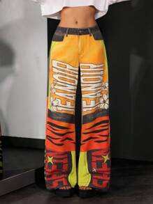 Jeanoix 街头风格涂鸦印花低腰阔腿牛仔裤 - 彩色 - 查看 3