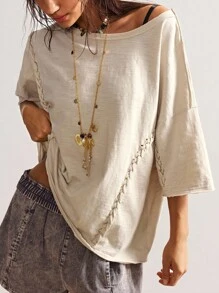 Bohemela 女士休闲纯色针织圆领短袖宽松水洗T恤 - 杏色 - 查看 5