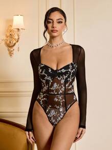 Glamine Mesh Embroidered Sweetheart Neckline Bodysuit With Floral Pattern Fall Cloth For Women - Black - View 1