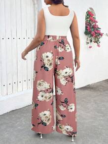 SHEIN LUNE Plus Size Floral Colorblock Tie Waist Jumpsuit Spring Break Boho Rave Outfits Festival Spring Break Outfits Old Money Style Women Rave Outfits Summer Spring Outfits For Beach - Pink - View 2