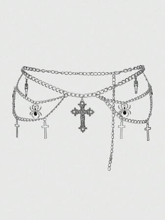 Goth 1 pieza Cinturón de cadena de dos capas con adorno de cruz plateada y esqueleto de araña con cristales, accesorio de estilo gótico oscuro para vestido de Halloween