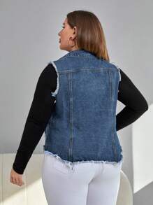 SHEIN Essnce Plus Ripped Raw Cut Vest Denim Jacket - Medium Wash - View 2