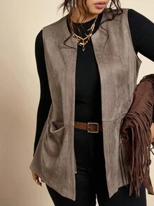 Freevana 大码女式休闲毛绒纹理双口袋前开背心，适合秋季大码秋装大码西部背心大码绒面背心大码秋季背心大码大码大码背心大码秋季服装女装秋季背心棕色背心女装 - 棕色 - 查看 5