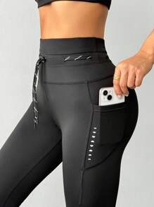 Cheerettes Women's Solid Color Drawstring Waist Pocket Leggings, Casual & Fitness Yoga Pants - Black - View 5