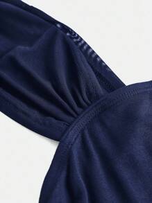 SHEIN Tween Girl Casual Elegant Solid Color Crew Neck Ruched Puff Sleeve Fitted Mesh Splice Camisole Top T-Shirt, Suitable For Back To School, Graduation, Halloween Party Navy Blue Crop Top Square Neck Crop Top Tween Girl Crop Tops Tube Top Blue Tube Top