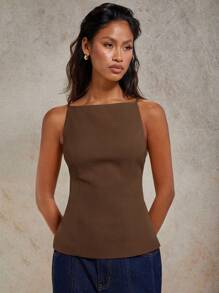 COSMINA 女士性感纯色系带露背吊带背心（夏季） - 咖啡棕 - 查看 4