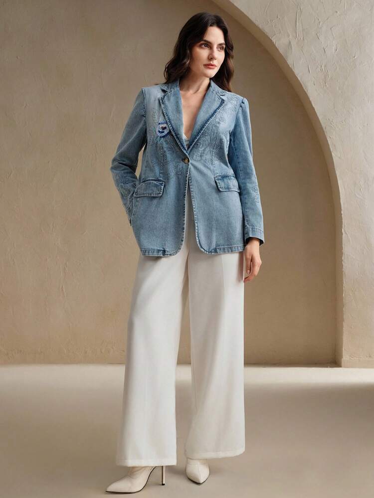 Luxury Embroidered Beaded Denim Casual Blazer