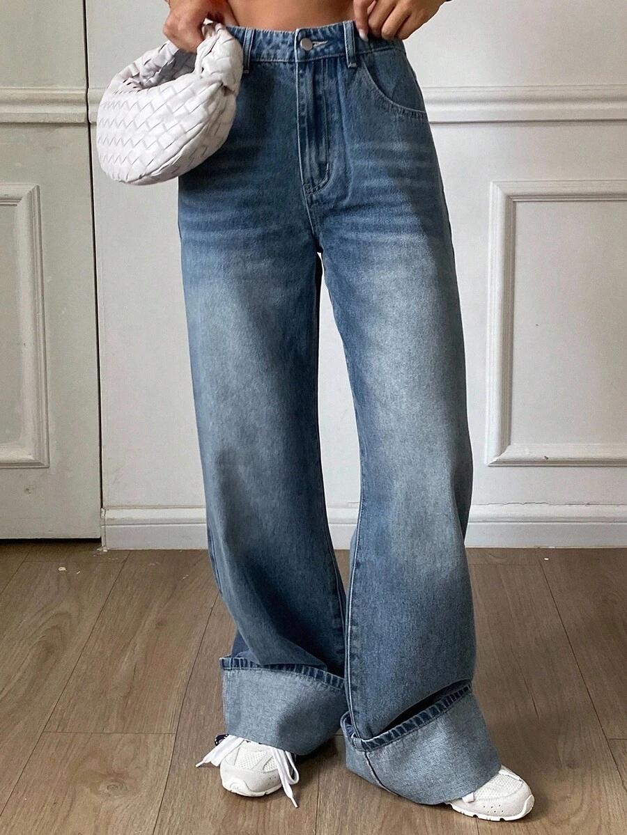 Livesso Jeans de mezclilla azul desgastados y lavados con puños para mujer