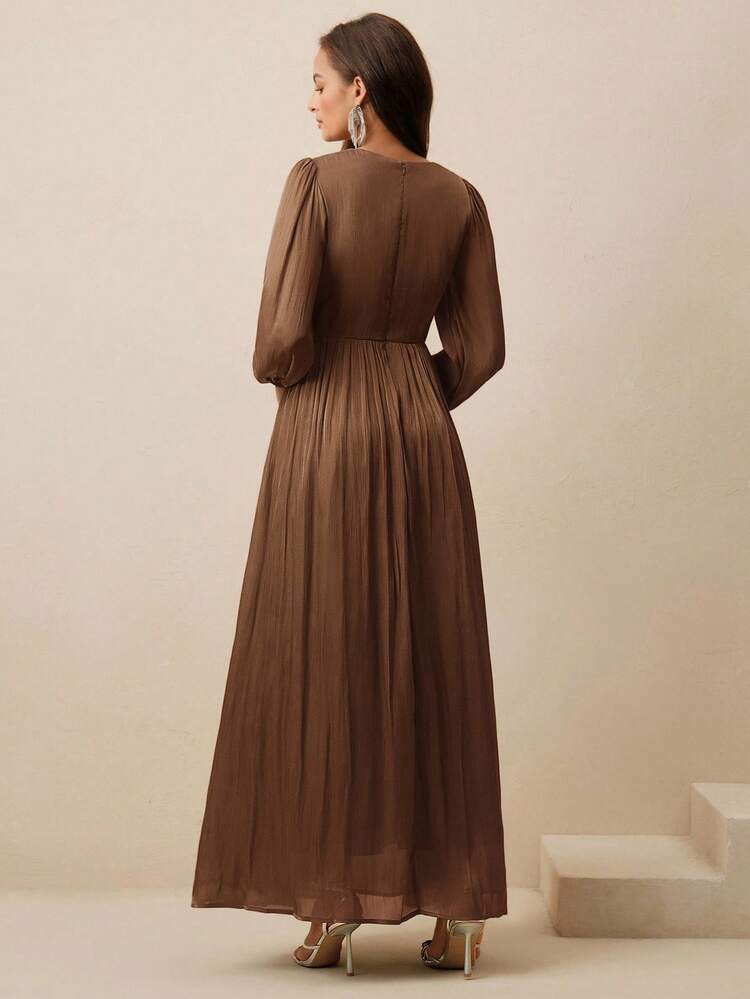 Anewsta Essential Women's Long Dress, Round Neck, Waist Ruched, Puff Sleeve, Long Sleeve, Olive Green, Glossy, Elegant & Versatile Dress