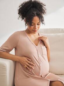 BloomMama Umstandsmode Loungewear - Kurzarm Oberteil + knielanger Jumpsuit - Braun - Übersicht 2